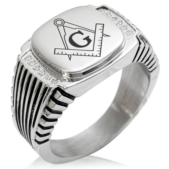 Tioneer Stainless Steel Freemasons Masonic Compass CZ Ribbed Needle Stripe Pattern Biker Style Polished Ring