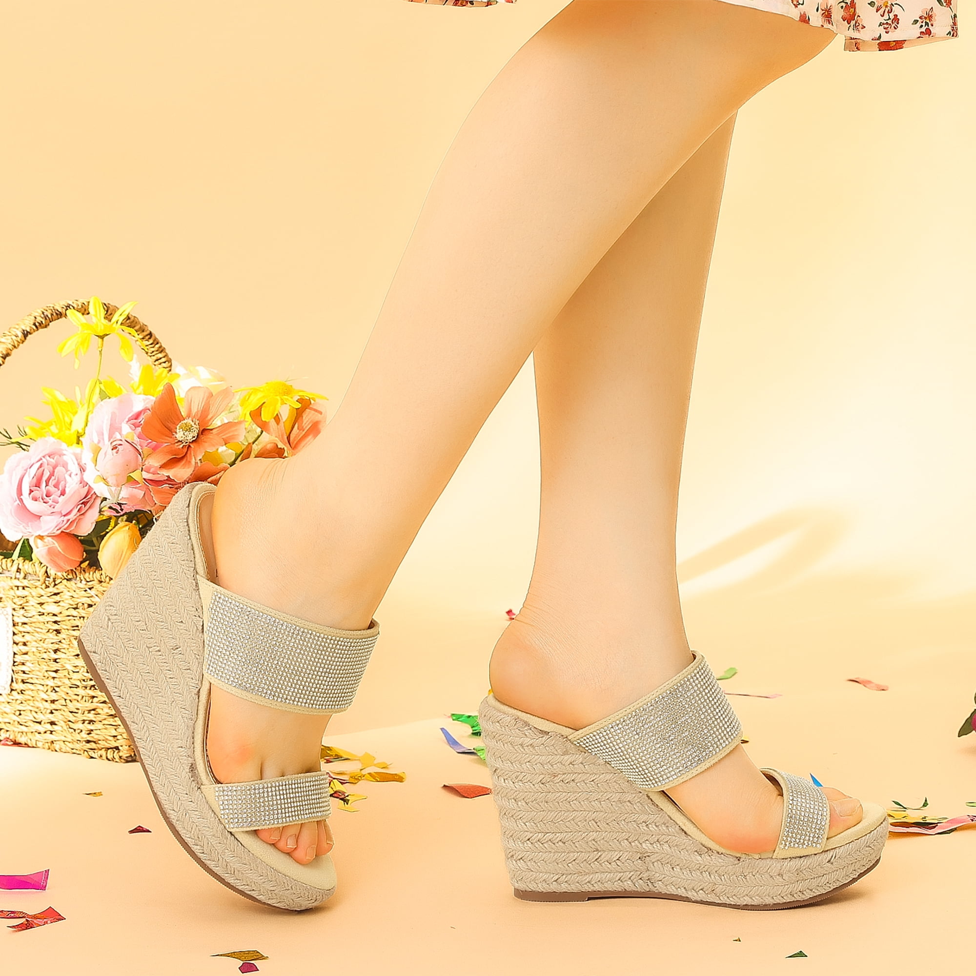 Unique Bargains Women's Platform Rhinestones Espadrille Wedge Sandals