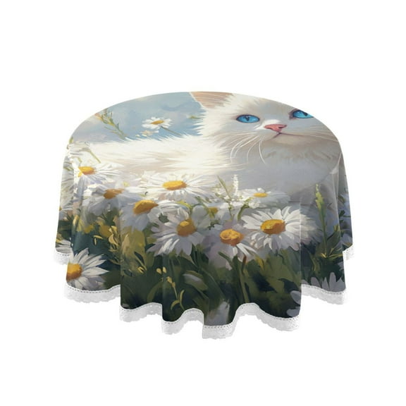 YAZAOO Round Tablecloth White Cat Among Daisies Pattern Tableclothes