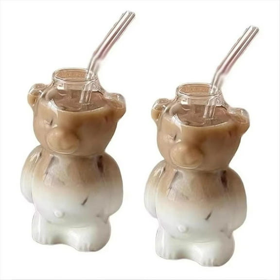 Rollbacks & More 320ML Cartoon Bear Shaped Coffee Mug Cute Glass Cup with Straw Transparent Innovative Milk Water Cups