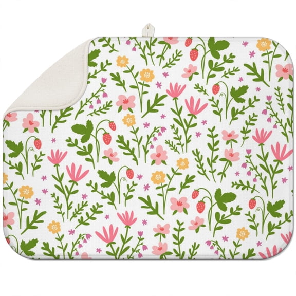Microfibre Drying Mat for Kitchen Red Pink Flowers Leaf Dish Drying Drainer Mat Absorbent Drying Mat Washing Up for Glass, Plate & Cup 16inch X 18inch