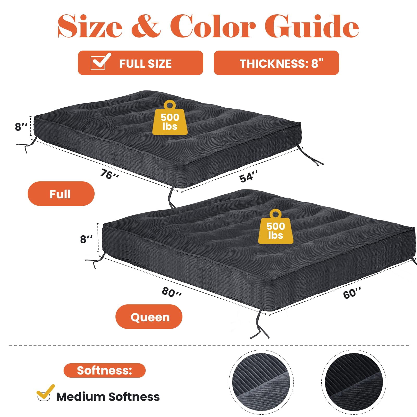 Kaiya 8 Inch Folding Full Medium Tight Top Poly Foam Mattresses,  Grey(Frame Not Included)