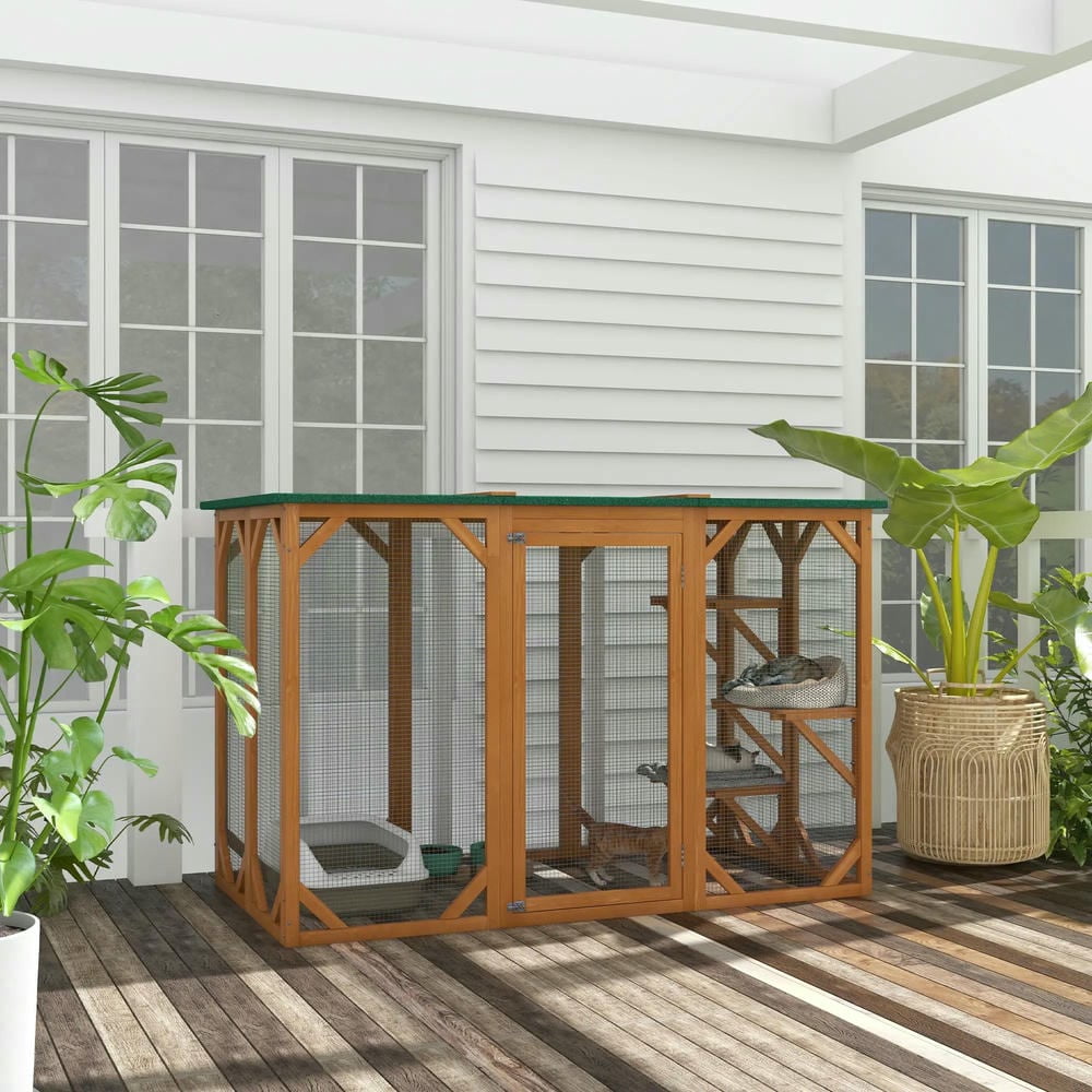GVN Cat Catio Enclosure, Cat Cage House,Outdoor Cat House, Catio Wooden Feral Cat Shelter, Cat Cage with Platforms, Orange