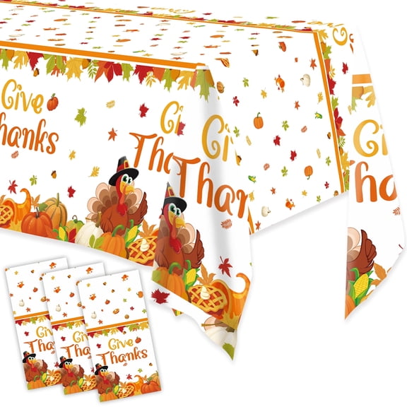 Wowhub 3 Pack Thanksgiving Disposable Tablecloths, 54 x 108 Inch Give Thanks Theme Plastic Disposable for Rectangle Tables Thanksgiving Supplies, White