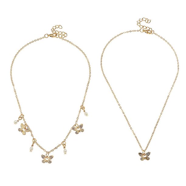 2 unids/set lindos collares de mariposa de perlas, cadena de clavícula de moda femenina colgante de aleación joyería de cuello para mujeres niñas señora