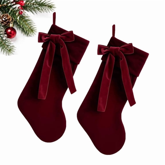 Large Velvet Christmas Stockings, Burgundy, Exquisite Christmas Decorations for Fireplace Mantel or Christmas Tree, Vintage Style Holiday Candy Bags with 3D Bows, Set of 2
