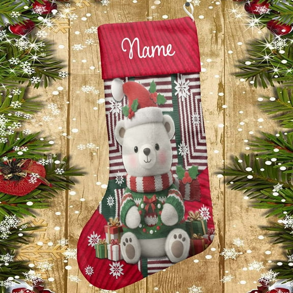 Lotusprinthandmade Personalized Cute Bear Christmas Stocking (M), custom bear lovers gift, holiday stocking for bear lovers