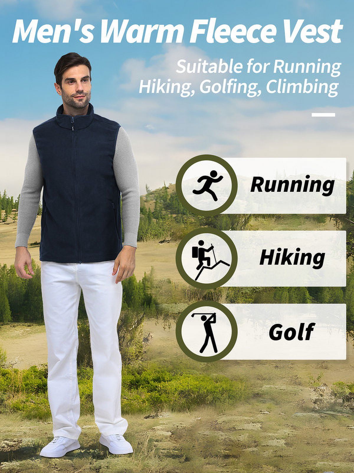 Off Road Ventures Mens Fleece Vest Lightweight Outerwear Zip Up Golf Running Sleeveless Vest With Pockets for Hiking Travel