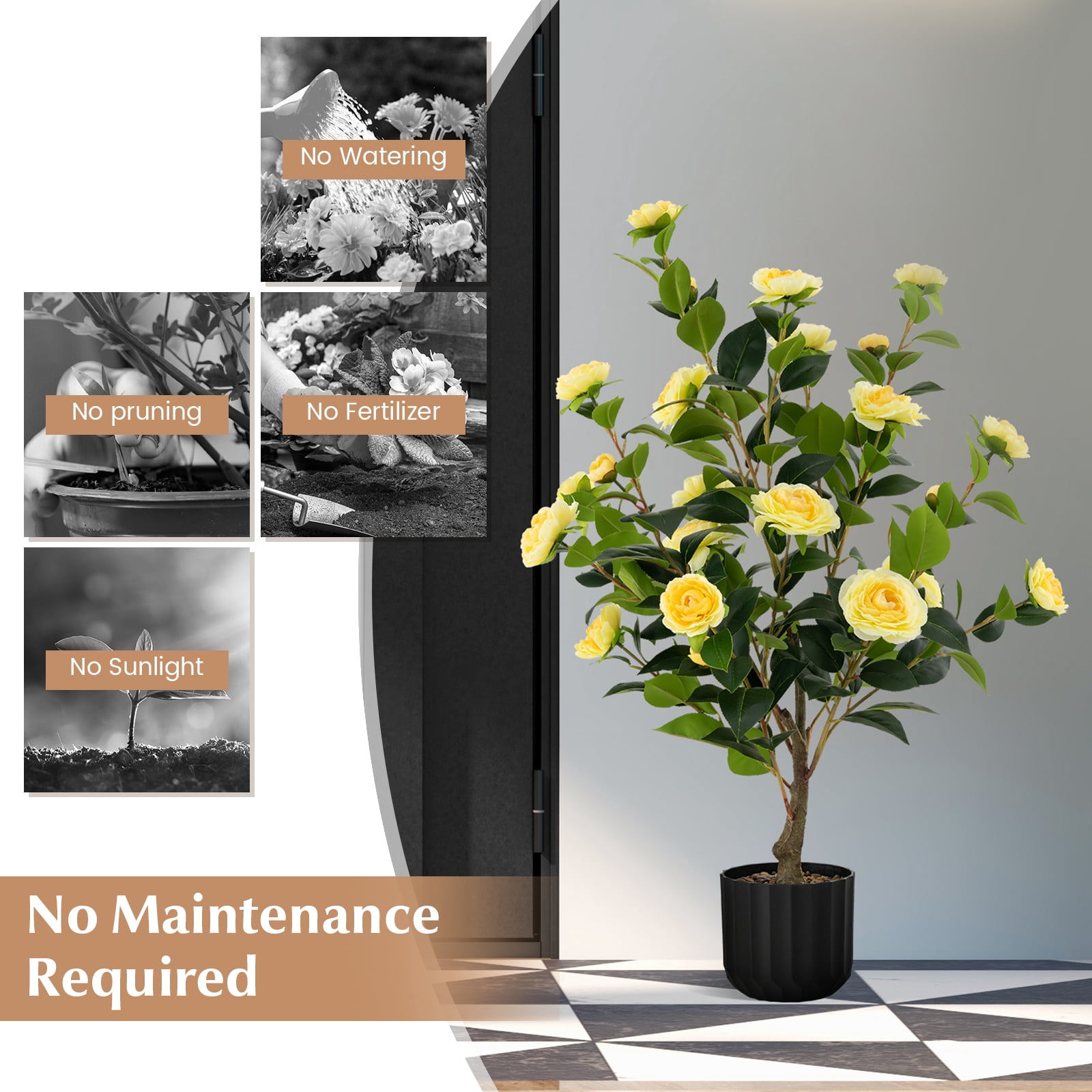 Costway 1 PCS 38" Artificial Camellia Tree Faux Floral Plant Fake Tree for Decoration Yellow