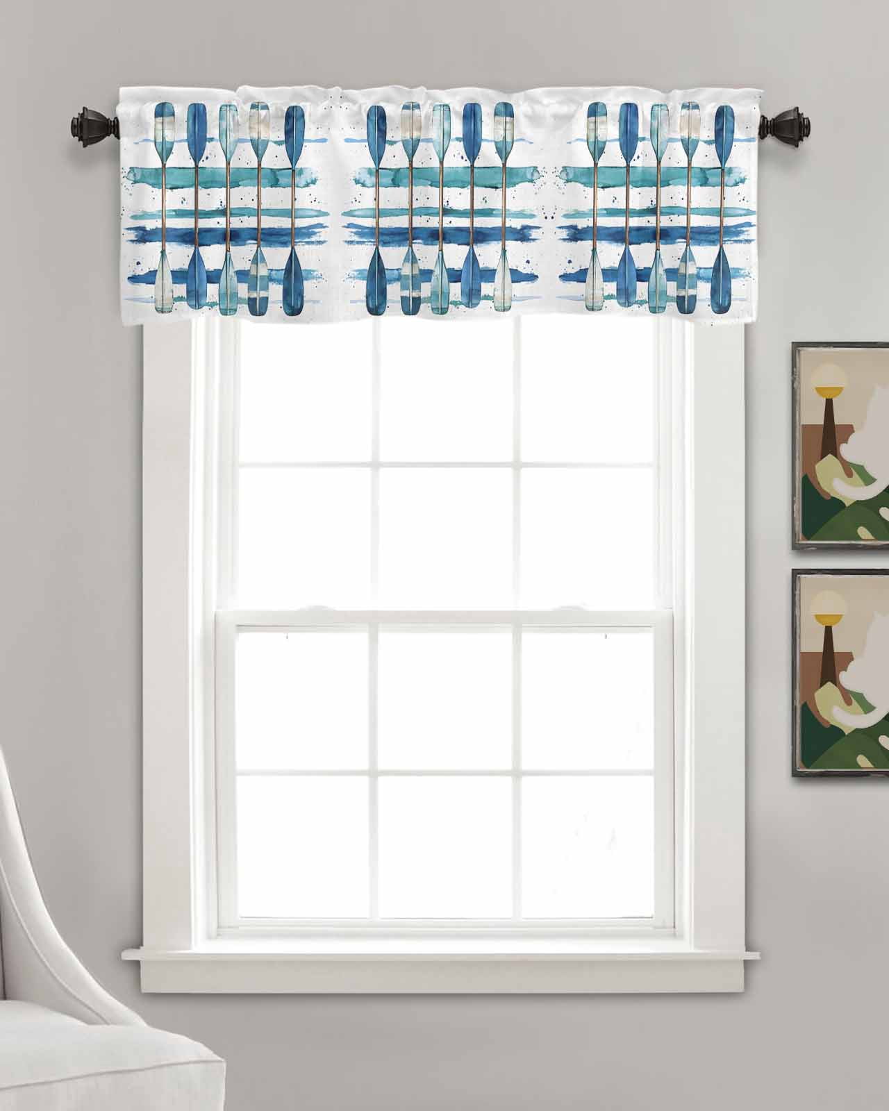 Lake Paddles Kitchen Valances for Windows Farmhouse Linen Window Valance Curtain for Living Room Window Treatment Summer Watercolor Teal Blue Striped Valance Rod Pocket Topper Drape, 54 x 18 Inch