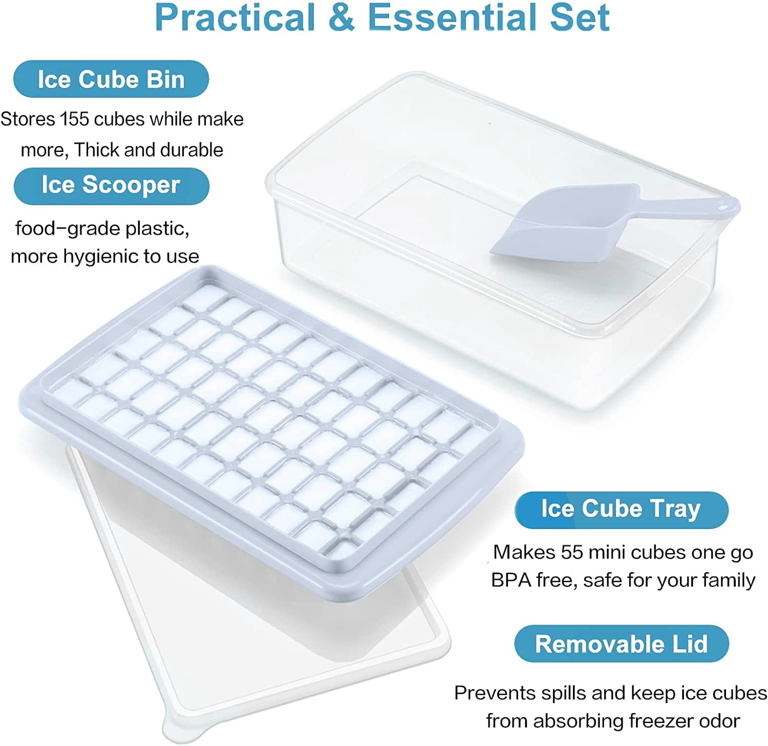Ice Cube Maker Trays for Freezer with Lid and Storage Box, Easy Release 55 Mini Nugget Ice Cubes Tray with Cover, Ice Holder, Scooper, Flexible Durable Plastic Ice Mold & Bin, BPA Free