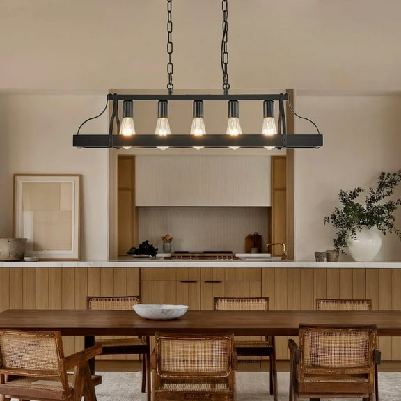 34 Inch Black Industrial Pendant Light 5 E26 Bulb Sockets Adjustable Chain Height Modern Farmhouse Linear Chandelier for Kitchen Island Dining Room Living Room Bar