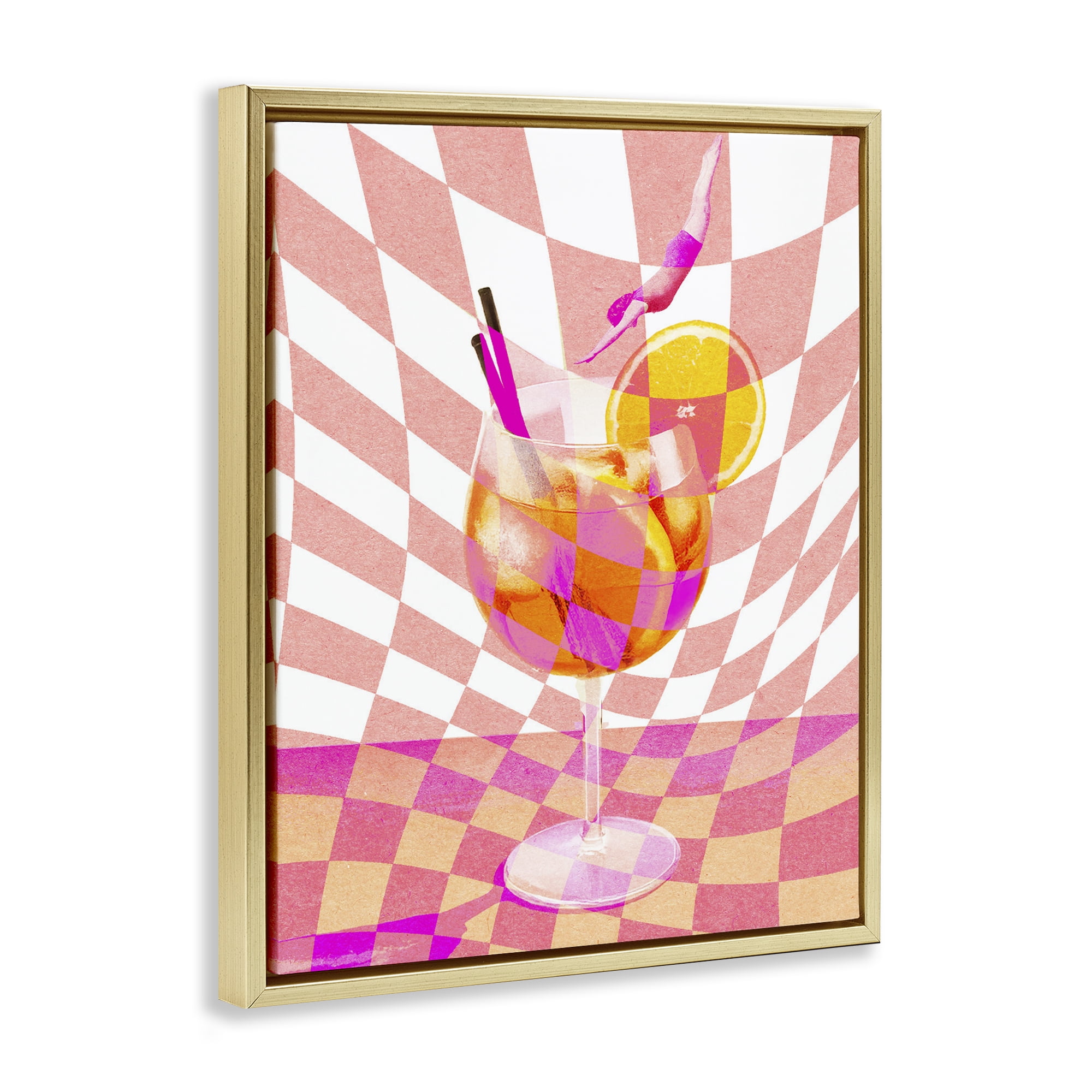Retro Checkered Summer Cocktail Gold Framed Floater Canvas Wall Art, design by Lil' Rue
