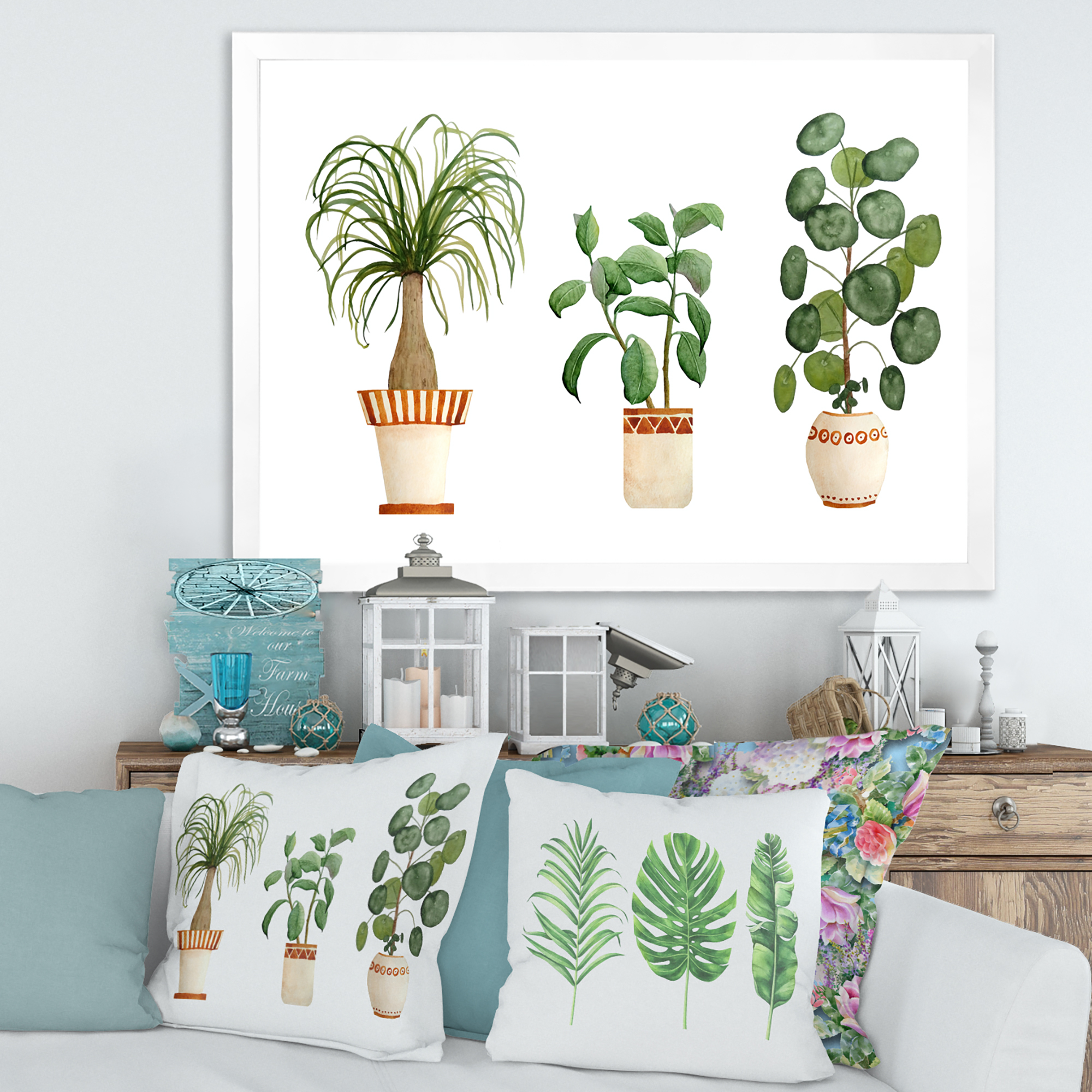 Designart 'Trio of House Plants Ficus Ponytail and Palm' Traditional Framed Art Print