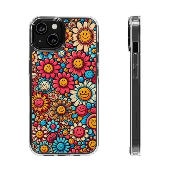 DistinctInk Hybrid (Acrylic / TPU) Clear Slim Fit Case for Apple iPhone 13 MINI (5.4" Screen) - "Smiling Cartoon Flowers: A Vibrant Pattern"