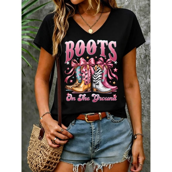 Boot Cowboy Western Cowgirl Pink Leopard Boots on The Ground V Neck T-Shirt Cotton Women's V Neck Graphic Tee, Casual Short Sleeve Shirt,Vacation Outfit