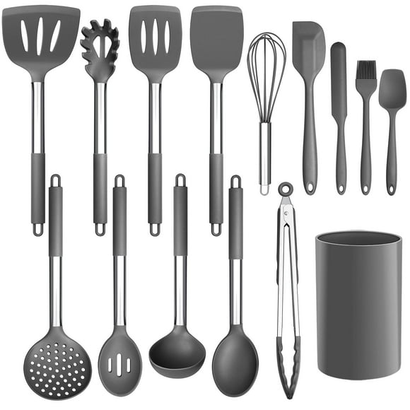 Juego de utensilios de cocina LIANYU de 15 piezas con soporte de silicona gris