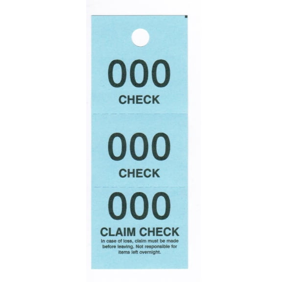 Multiple CLAIM CHECK Tag w 2 Perforations, Lt Blue 90lb Index, Large Black Numbers (000-999), 2" x 5-1/4" - Box of 1,000