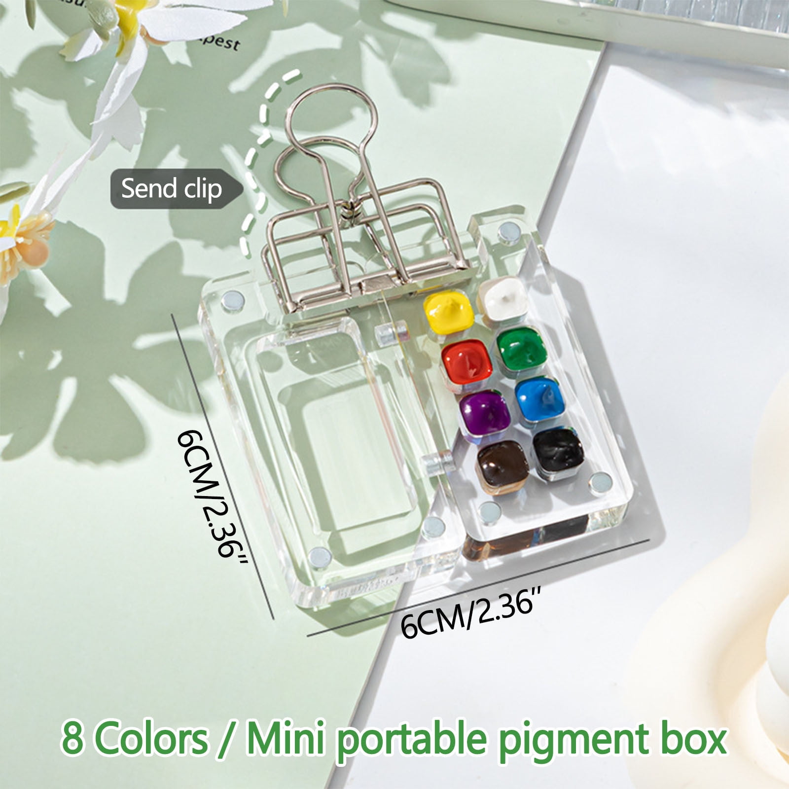 Acrylic Portable Palette with Clip, 8 Grids Portable Palette Watercolor Pocket Wooden Paint Palette Mini Travel Paint Tray Box for Watercolor, Gouache (Pigment Not Included)