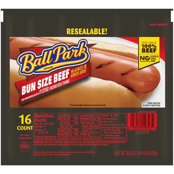 Ball Park® Beef Hot Dogs, Bun Size Length, 16 Count
