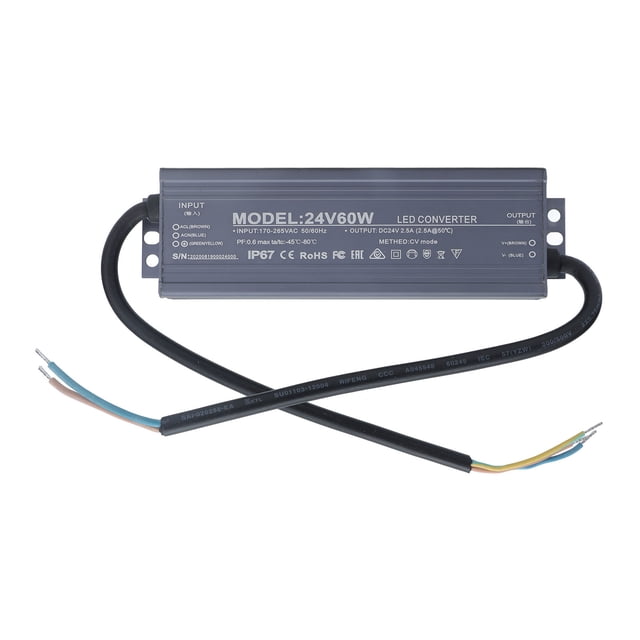 Transformador de controlador de luz LED, fuente de alimentación, IP67, resistente al agua, voltaje constante, 60 W, CA 170-265 V, 24 V, 2,5 A