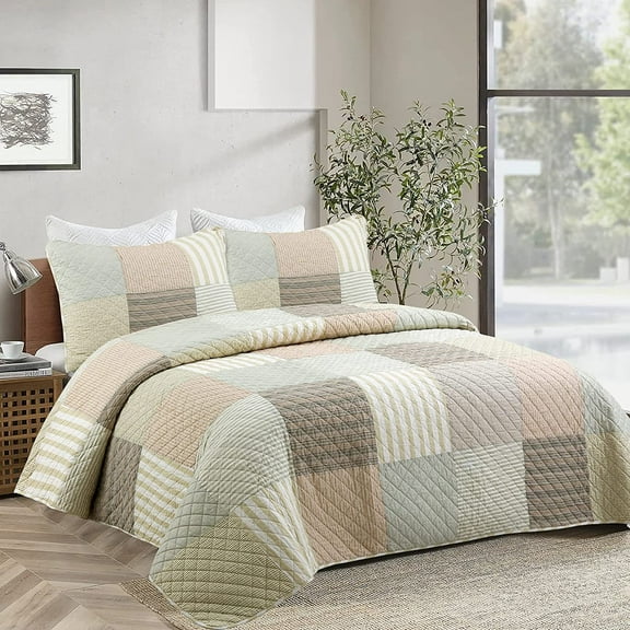 Cozy Line Home Fashions Cozy Line Stripe Checker Patchwork Cotton Reversible 3 Piece Quilt Bedding Set King