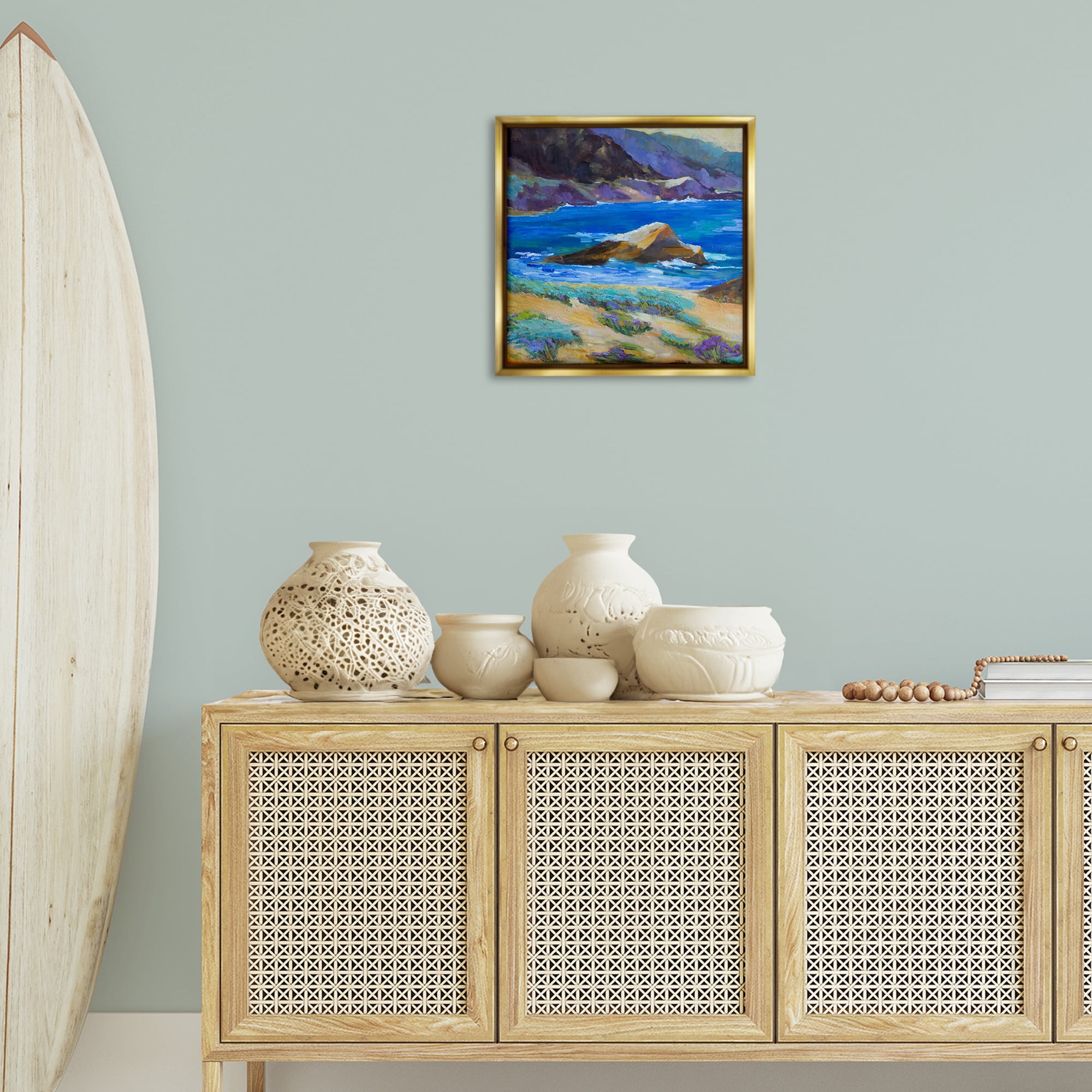 Stupell Industries Carmel Cove Landscape Landscape & Nature Painting Gold Floater Framed Canvas Art Print Wall Art, 18 x 18