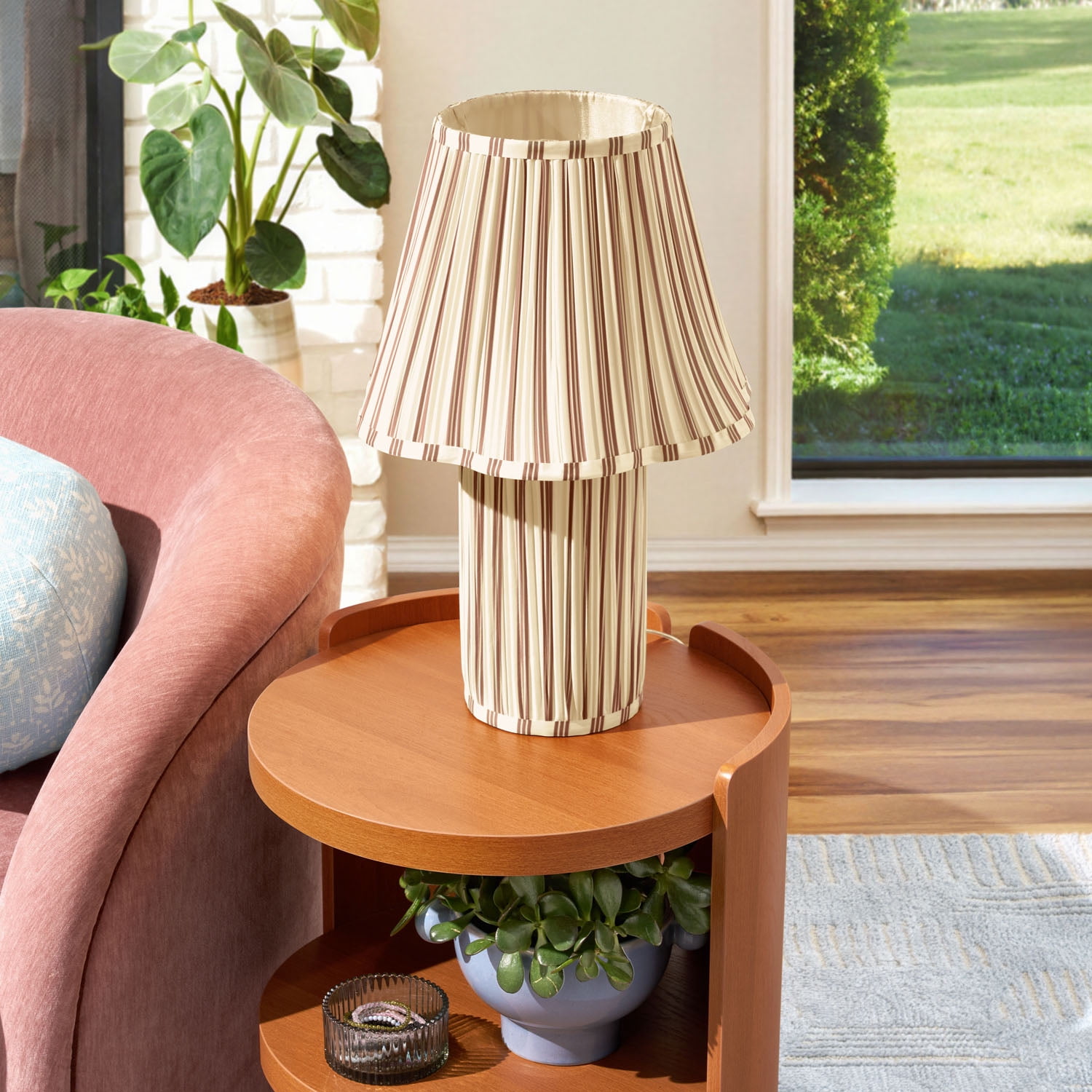 Beautiful 19 in Cabana Stripe Fabric Table Lamp with Scalloped Shade, Brown and Arctic White