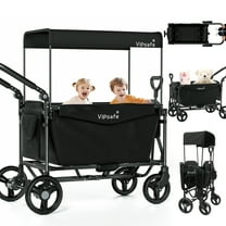 Vipsafe Foldable Wagon Stroller for 2 Kids, Multifunctional Wagon with Detachable Canopy, Pull & Push Handle, and Easy Storage, Black