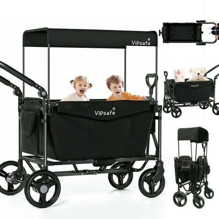 Vipsafe Foldable Wagon Stroller for 2 Kids, Multifunctional Wagon with Detachable Canopy, Pull & Push Handle, and Easy Storage, Black
