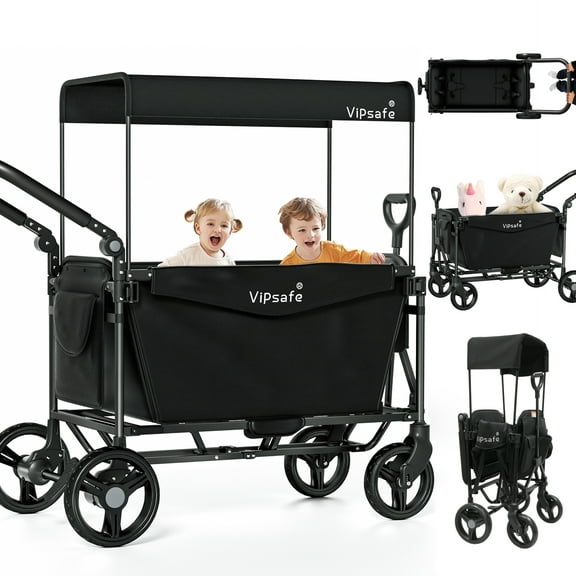 Vipsafe Foldable Wagon Stroller for 2 Kids, Multifunctional Wagon with Detachable Canopy, Pull & Push Handle, and Easy Storage, Black