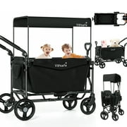 Vipsafe Foldable Wagon Stroller for 2 Kids, Multifunctional Wagon with Detachable Canopy, Pull & Push Handle, and Easy Storage, Black