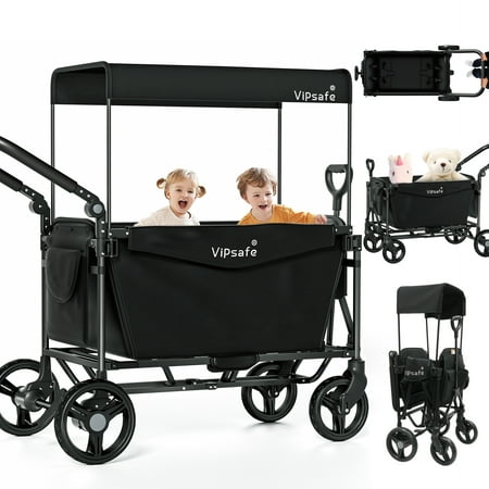 Vipsafe Foldable Wagon Stroller for 2 Kids, Multifunctional Wagon with Detachable Canopy, Pull & Push Handle, and Easy Storage, Black