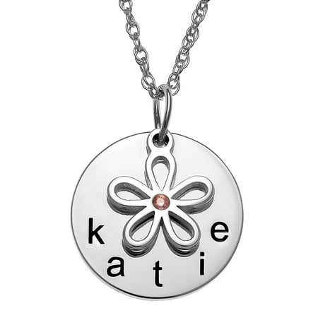 Personalized Girl's Sterling Silver or Gold over Sterling Name Disc with Birthstone Flower Charm Necklace