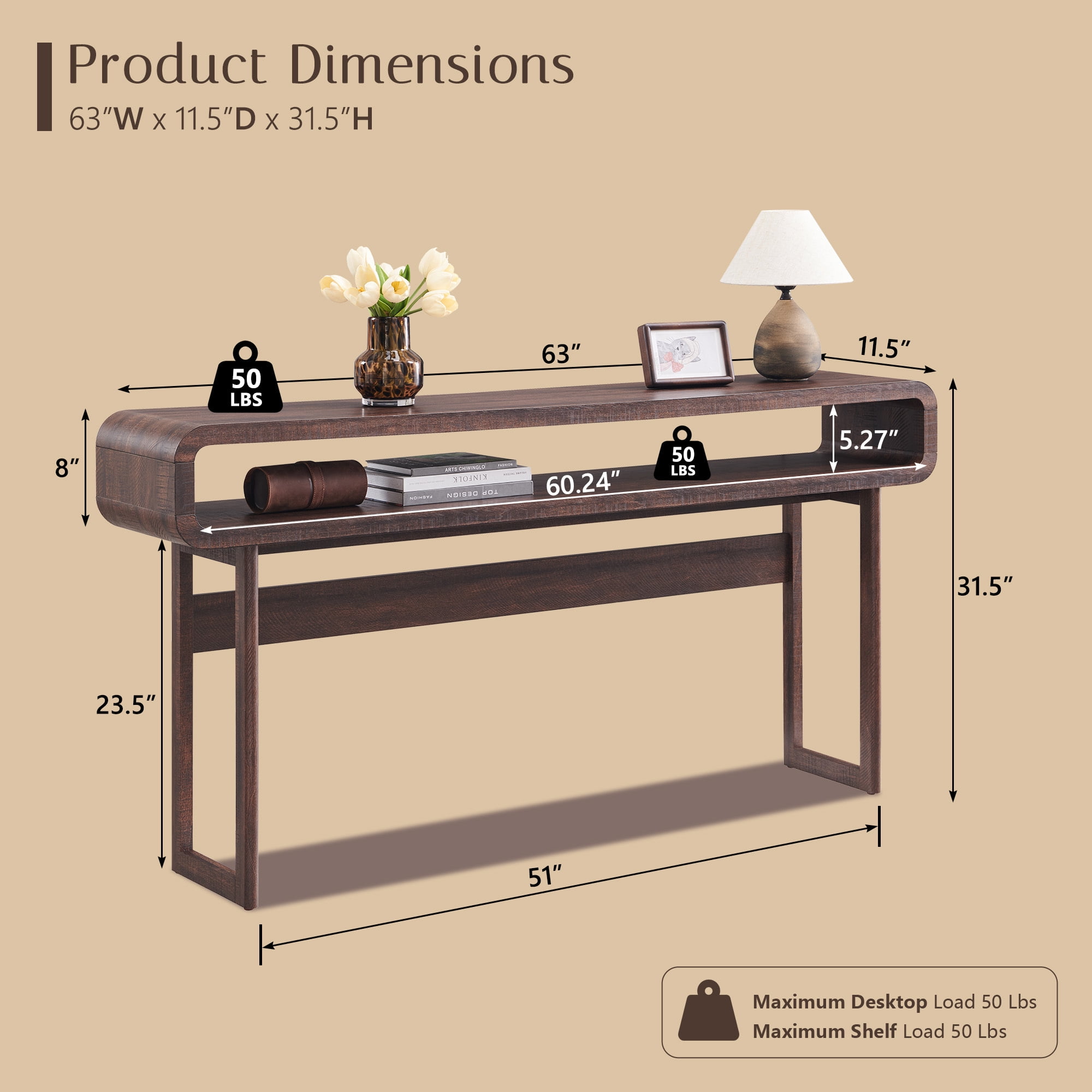 SinCiDo 63" Long Console Table for Entryway w/Open Storage Shelf, Sofa Table Behind Couch, Modern Entryway Table for Living Room, Hallway