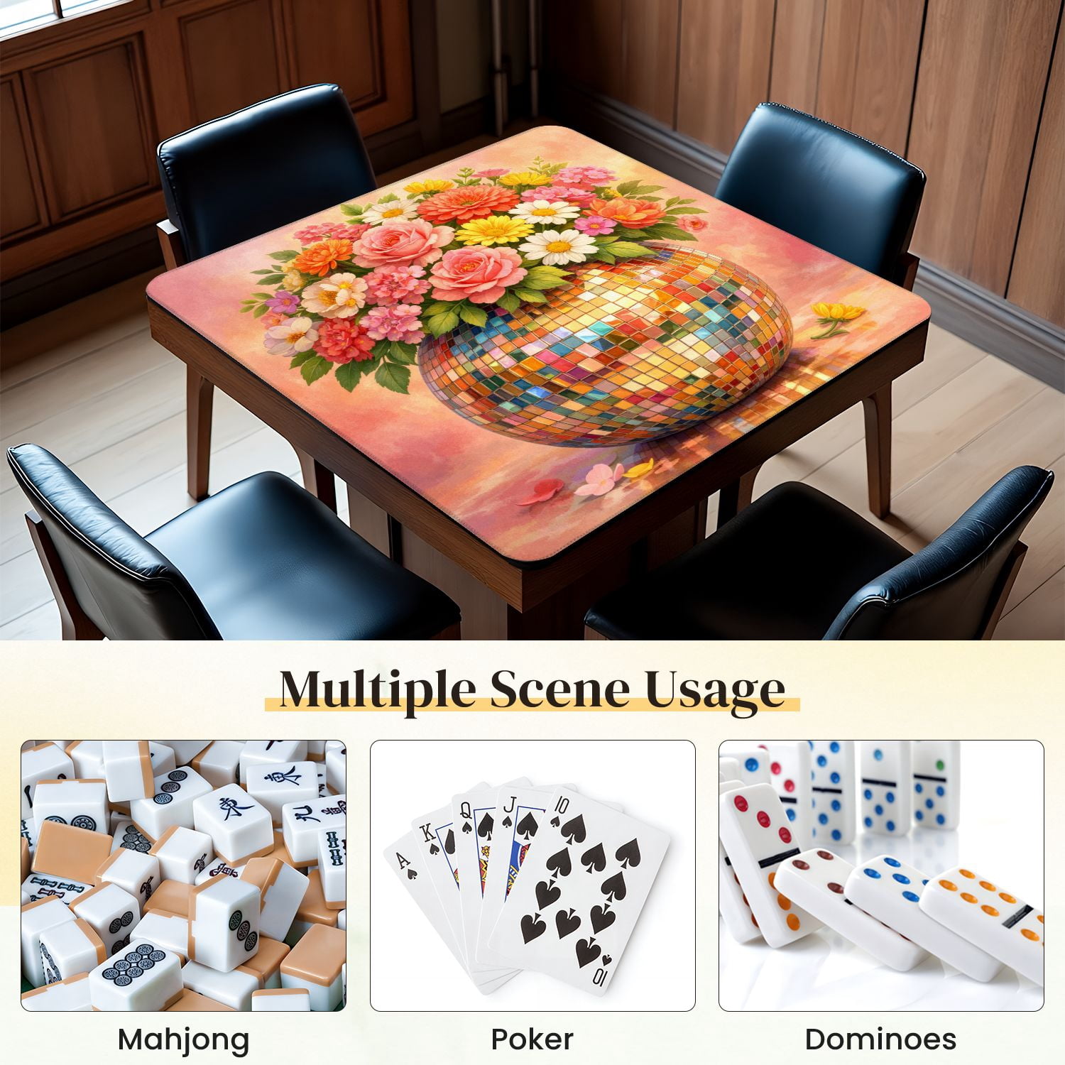 Mahjong Mat 31.5" x 31.5" Colorful Floral Bouquet Mosaic Vase Vibrant Blossoms Non-Slip Noise Reduction Mahjong Tiles Table Cover for Dominoes Poker Card Board and Tile Games