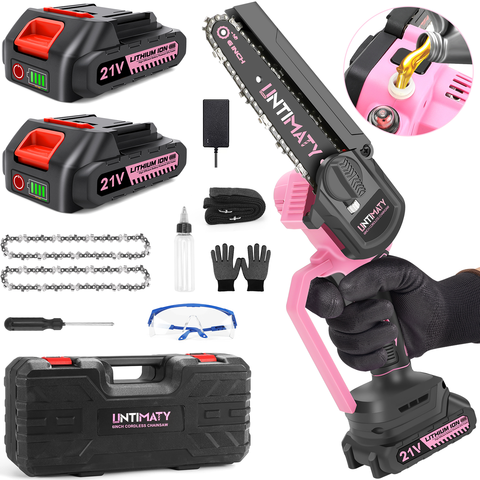 UNTIMATY Mini Cordless Chainsaw 6 inch Small Electric Chainsaw Battery Powered Hand Held Pruning Chainsaw for Wood Cutting and Tree TrimmingPink