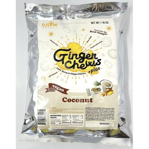 Fusion Select 1Lb Coconut Ginger Chews - Sweet Soft Candied Delights From Indonesia - Promotes Relief From Morning Sickness, Upset Stomach - Made from Real Ginger Root, Non-GMO, Vegan Candy