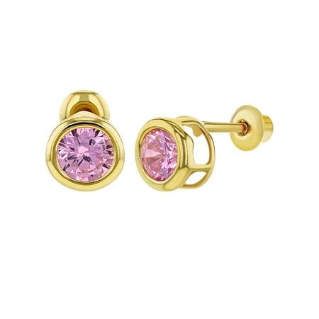 - 18k Gold Plated Screw Back Girls Earrings Pink CZ Round Bezel Set 5mm