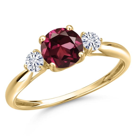 Gem Stone King 10K Yellow Gold Red Rhodolite Garnet and White Moissanite 3-Stone Ring for Women | 1.20 Cttw | Round 6MM | Gemstone January Birthstone | Size 7