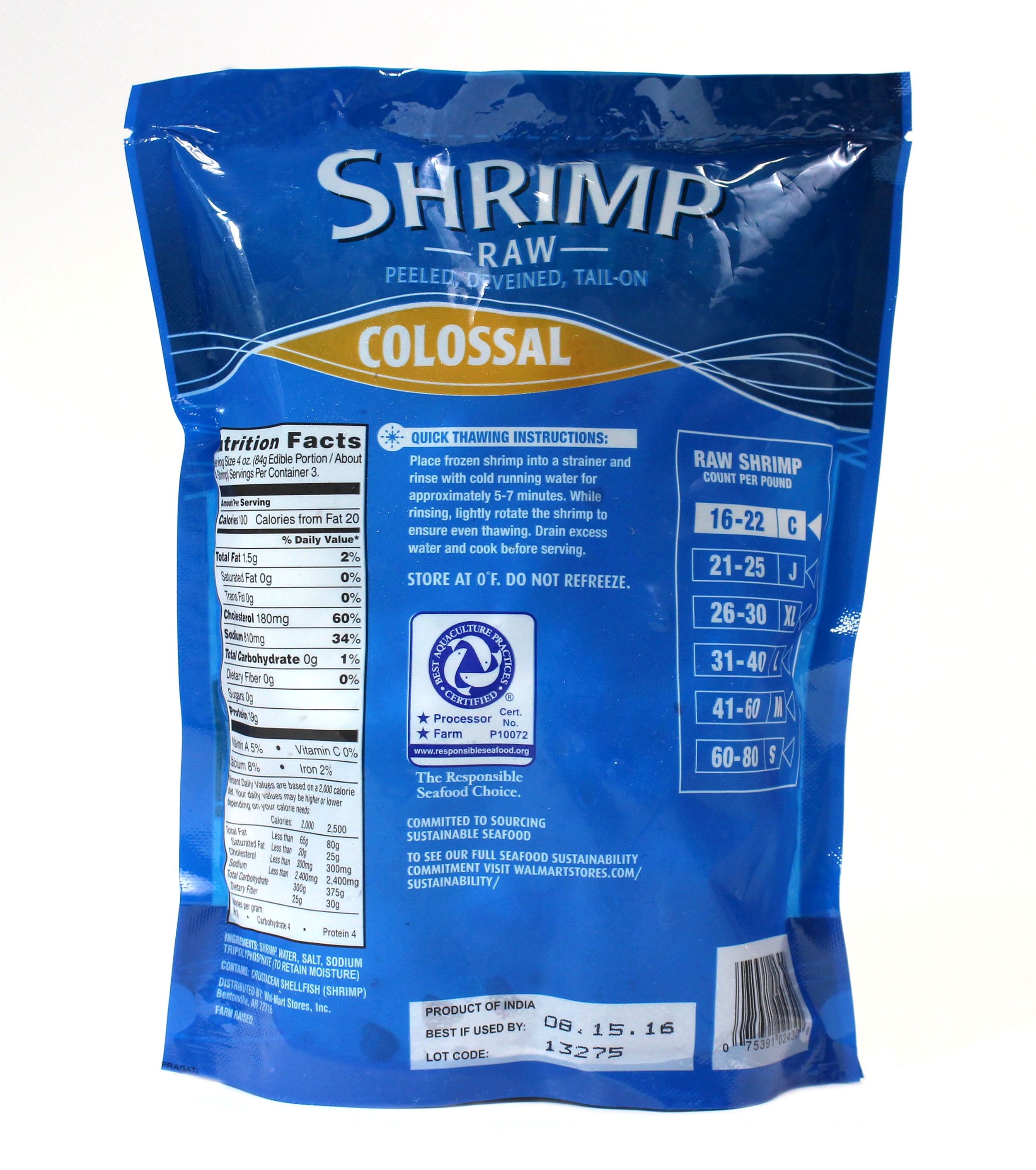 Great Value Seafood Frozen 16/22 Raw P&d Tail-on Shrimp, Bag