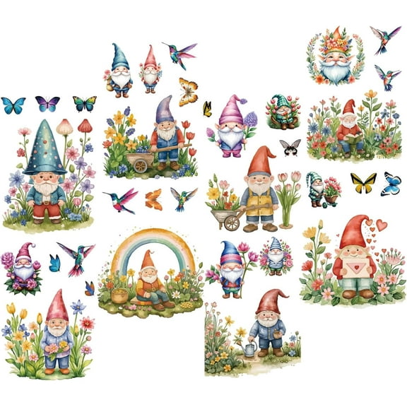 8 Sheets Gnome Wall Stickers Fairy Flower Window Stickers PVC Waterproof Self Adhesive Wall Decals Removable for Window Decor Clings Stairway Housewarming Gift