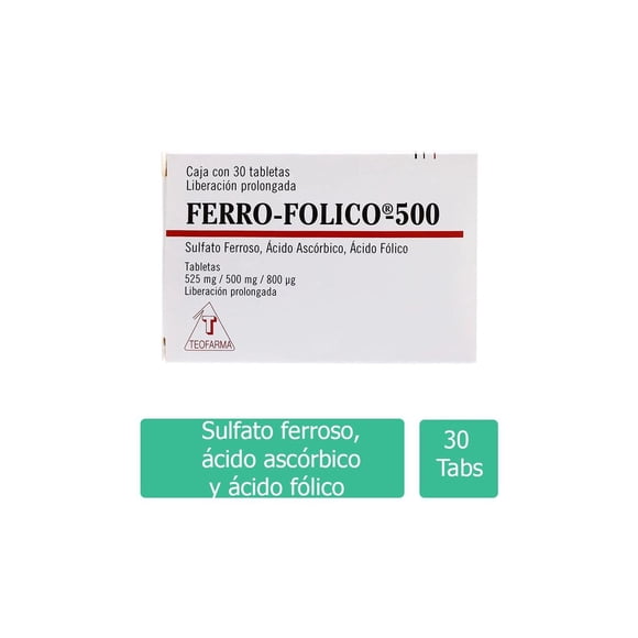 Ferro fólico tabletas 30 pzas de 500 mg c/u