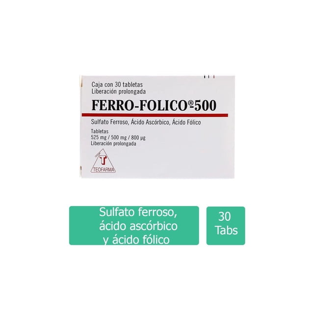 Ferro fólico tabletas 30 pzas de 500 mg c/u