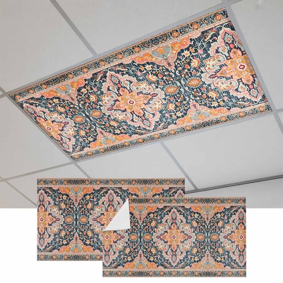 Fluorescent Light Covers for Ceiling Lights Classroom, Orange Boho Floral Magnetic Ceiling Light Cover Filter for School,Office, 2X4 FT, Pack of 2, Medieval Vintage Texture