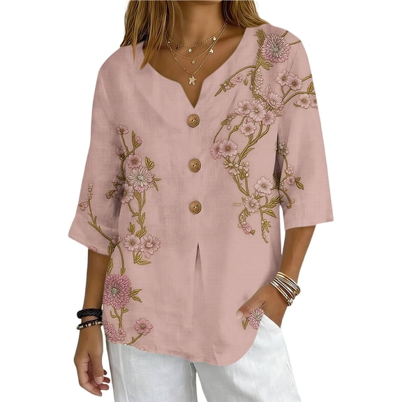 Daiosportswear Linen Shirts for Women Loose Fit Notched V Neck 3/4 Sleeve Summer Tops Dressy Button Flower Print Work Blouse,Womens Tops Multicolor-Q XL(XL)