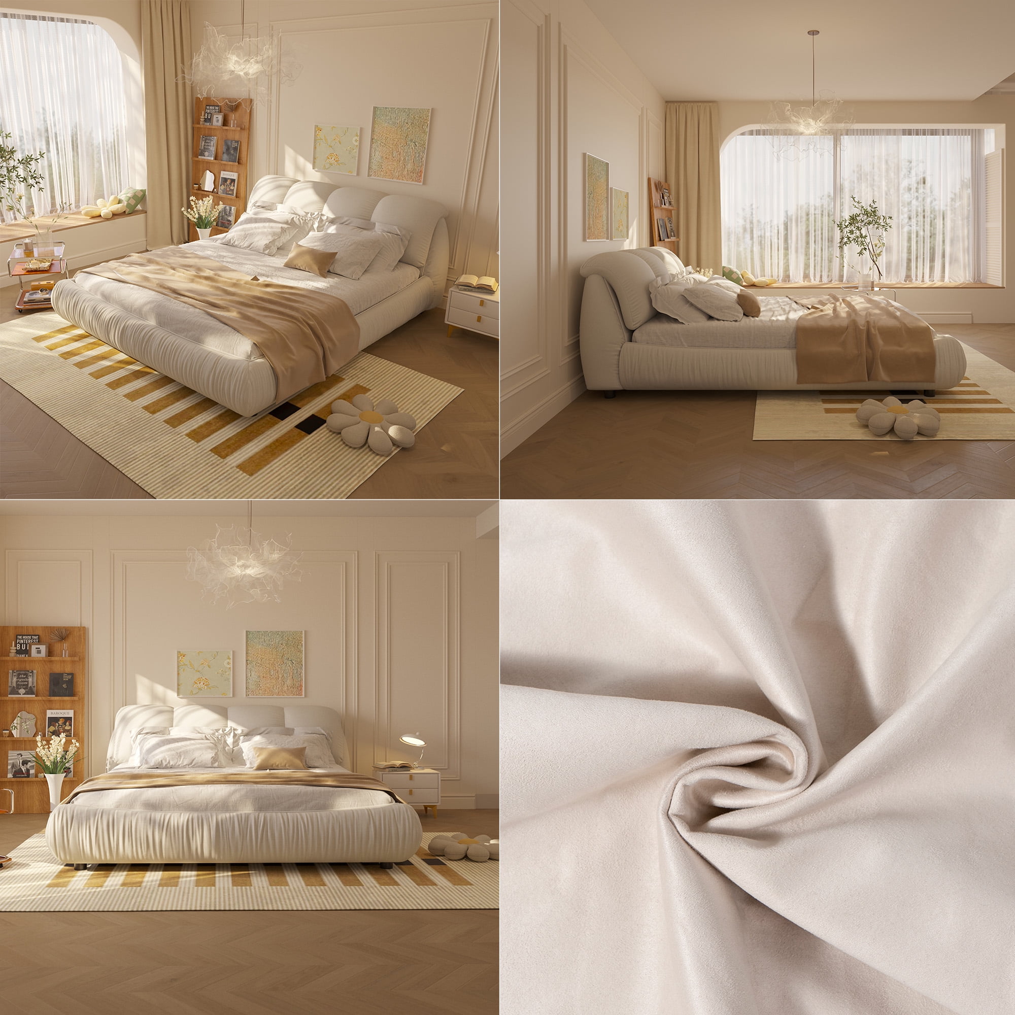 Soft Queen Bed Frame With Headboard,Upholstered Platform Bed Frame With Oversized Padded Backrest And Solid Wood Frame For Bedroom,Apartment Room,Beige