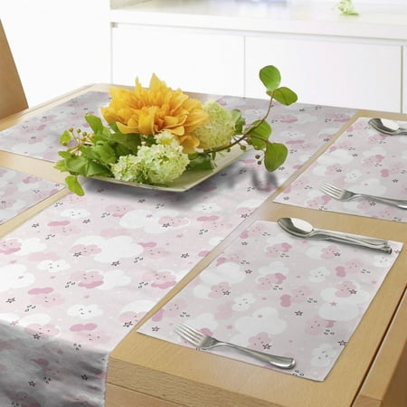 

Pastel Table Runner & Placemats Smiling Rain Clouds and Stars Cheerful Themed Pattern in Soft Colors Print Set for Dining Table Placemat 4 pcs + Runner 12 x90 Pale Pink and White by Ambesonne