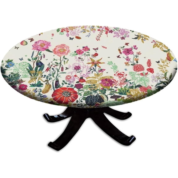 Round Elastic Edge Fitted Table Cover, Spring Colorful Flowers Washable Wipeable Table Cloths, for Outdoor Picnic Patio Party or Indoor Canteen Dinner Dining Tables Decor, Fit for 52" Table