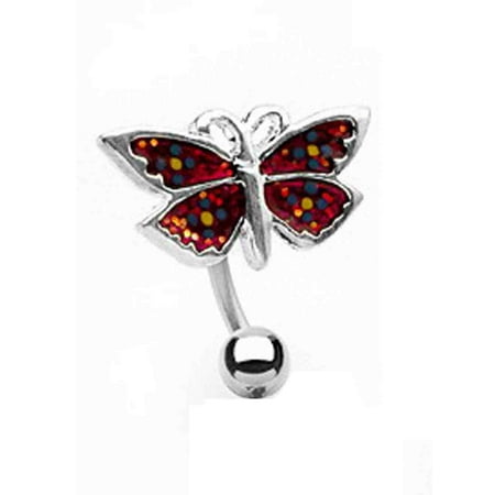 - Colorful Red Butterfly Charm Stainless Steel Bananabell Belly Ring (14g)